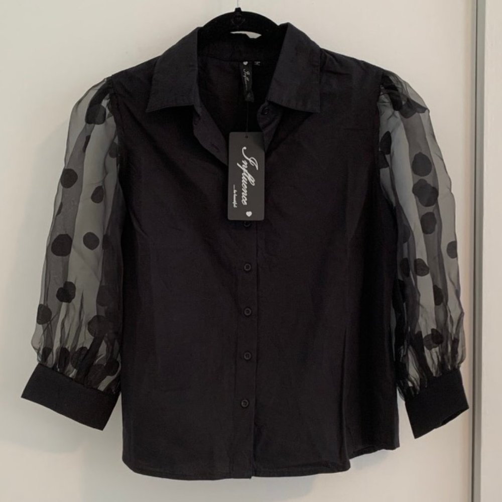 NWT Influence black blouse sheer sleeves polka dot